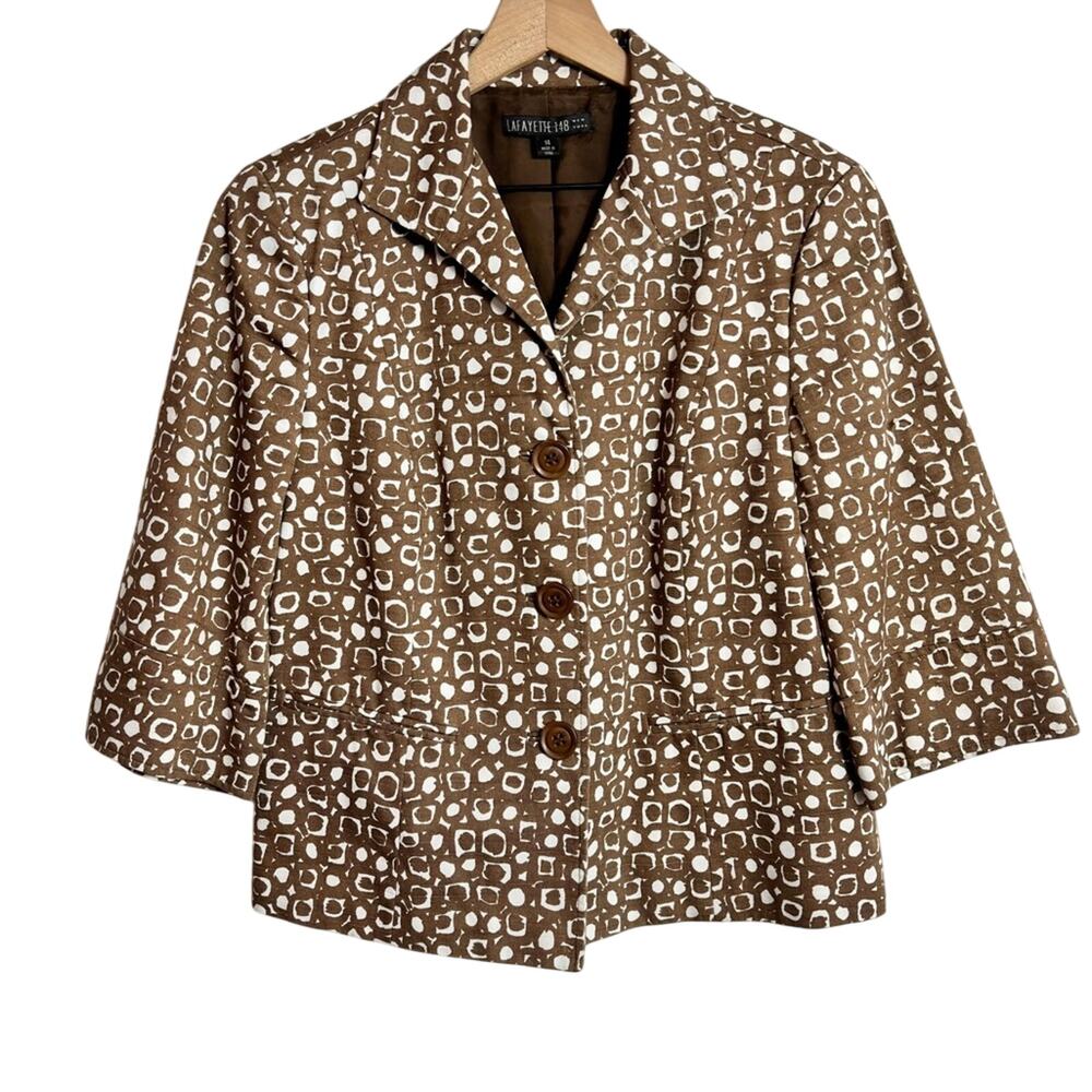LAFAYETTE 148 BROWN WHITE GEOMETRIC PRINTED WOMEN BLAZER SIZE 14 100% COTTON